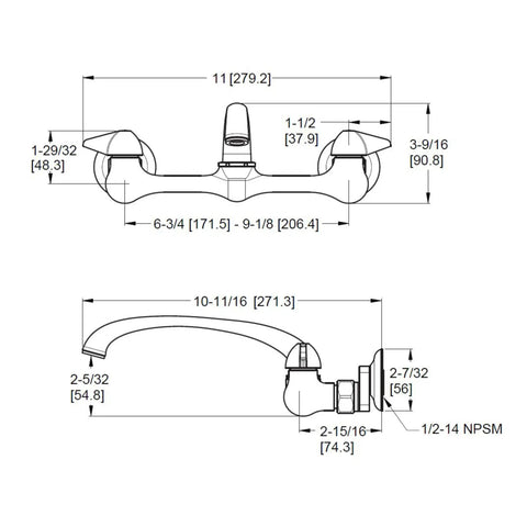 Diagram of Two-Handle Wall-Mount Kitchen Faucet With Low-Arc Swivel Spout, Polished Chrome Finish, 1.5 GPM Flow, Blade Handles