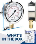 Front view SENCTRL 100 psi glycerin-filled pressure gauge, 2.5-inch dial, stainless steel case, 1/4-inch NPT lower mount