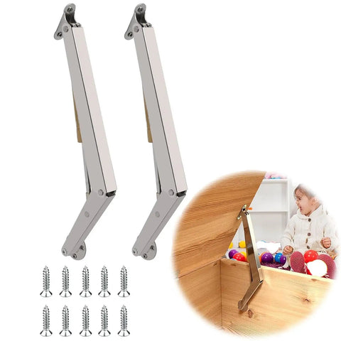 2 Pack 150N Gas Strut Hinges With No Slam Soft Close Hydraulic Support for heavy lids on toy boxes with screws and installed view.