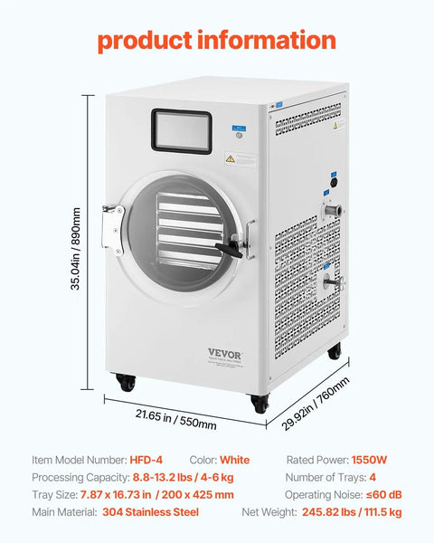 White home kitchen vacuum freeze dryer with 4 layer trays for meal prep, adjustable timer and temperature, freeze dry 8.8 to 13.2 lbs per batch for fruits, veggies, meat and seafood, great for long term food preservation.