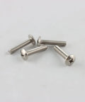 Four silver screws on a white surface designed for Door Stop Rubber Tip With Screw In Replacement Tips For Drop Down Door Holders Black Rubber 4 Pack.
