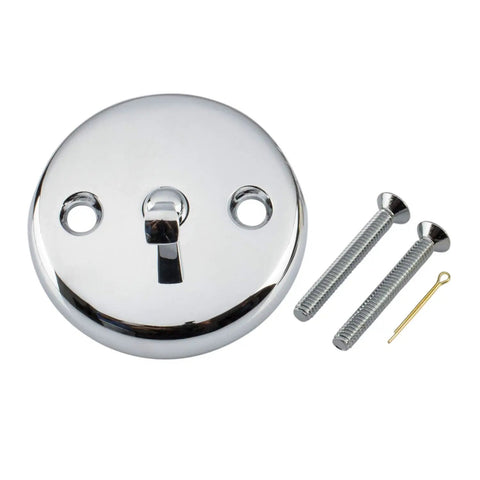 Chrome faceplate with screws for tub drainage linkage assembly with trip lever and strainer for bath tub waste overflow drain replacement.