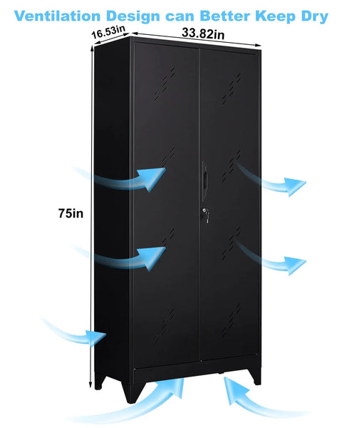75 Inch Heavy Duty Metal Garage Storage Cabinet With Lockable Doors For Tools And Gear, shown with ventilation design.