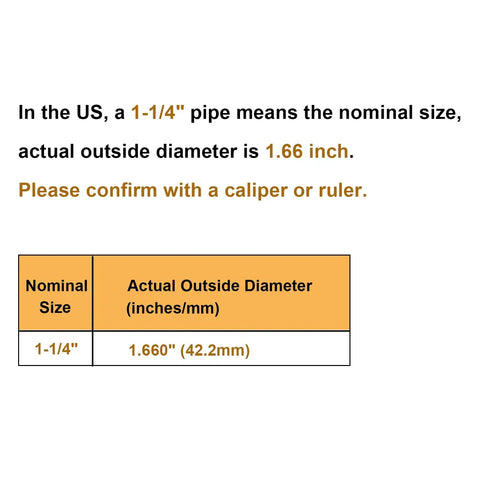 Table showing nominal size 1-1/4 inch and actual outside diameter 1.66 inch for steel pipe, important for Two Pack Two Socket Cross Pipe Fittings For One And A Quarter Inch Nominal Steel Pipe Three Sixteenth Inch Thick Malleable Iron With Hot Dip Galvanized Finish Fits About 1.66 Inch Outer Diameter Durable For Rails Racks Fencing Awnings Docks