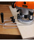 Universal Router Base Plate Featuring Sleek D Handle And Crystal Clear Visibility on router, demonstrating control on wood.