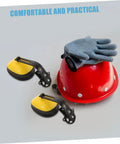 Job Site Tough Safety Hard Hat Ear Muffs With Integrated Noise Blocking Cups For Industrial Hearing Protection And Heavy Duty Construction Environments, with red hard hat and gloves.