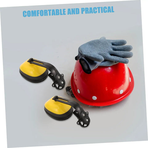 Job Site Tough Safety Hard Hat Ear Muffs With Integrated Noise Blocking Cups For Industrial Hearing Protection And Heavy Duty Construction Environments, with red hard hat and gloves.