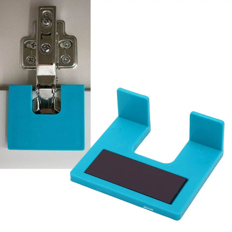 Door Jamb Hinge Jig Kit With Thickened Installation Plates And Magnetic Spacer Includes Two Hinges And Ten Screws For Fast Simple DIY Door And Cabinet Alignment And Easy Install, showing metal hinge and blue plastic spacer with magnet.