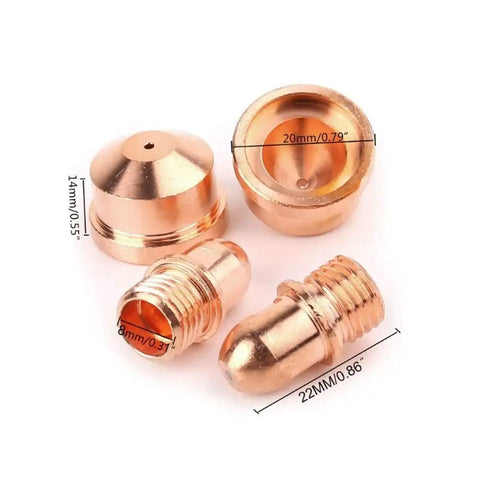 Top Tier Plasma Cutter Parts Consumables Including Electrodes And Nozzles For A101 A141 Machines 20 Pcs Set, copper nozzles and electrodes, sizes shown.