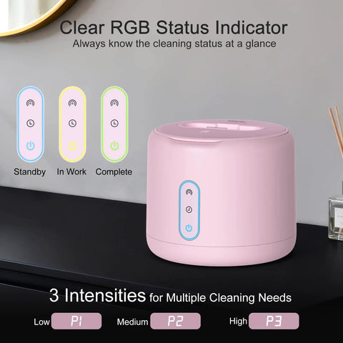 Ultrasonic Retainer Cleaner For Dentures And Mouth Guards, IPX6 Waterproof, 3 Cleaning Modes With RGB Indicator, 45kHz Ultrasonic Power, UV Light Sterilization, 200ml Tank, Easy Fill Pink with RGB status lights