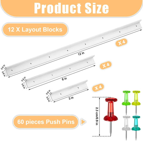 Pro Stained Glass Layout Block System With Sixty Mixed Color Push Pins Tracing Board showing 12 layout blocks and 60 push pins for precise cutting.