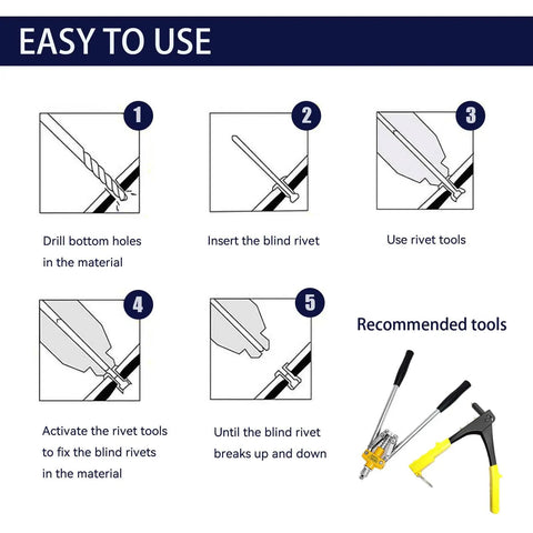 Diagram showing steps to use Bulk 1000 Piece Aluminum Blind Rivet Kit With Four Size Options; recommended tools illustrated.