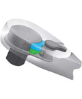 Illustration of Three Eighths Inch Drive Flex Head Teardrop Ratchet With 120XP, 60-Tooth Gear, and flush mounted switch detail.