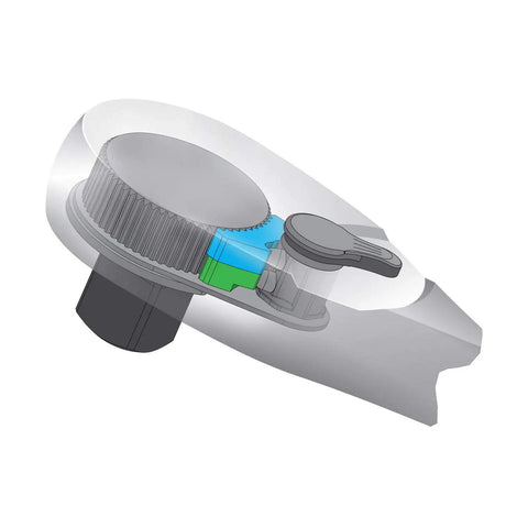Cutaway view of Three-Eighths Inch 120XP Flex-Head Teardrop Ratchet showing dual 60-tooth pawls and reversible mechanism in detail