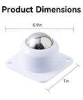 Close-up of 16 Pack White Self Adhesive 1 Inch Swivel Caster Ball with product dimensions marked