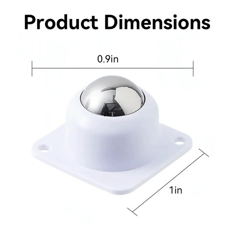 Close-up of 16 Pack White Self Adhesive 1 Inch Swivel Caster Ball with product dimensions marked