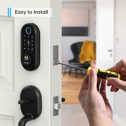Slick Bluetooth Smart Deadbolt Featuring Quick Fingerprint Access And Touchscreen Keypad Plus Remote App Monitoring For Hassle Free Home Security Setup Black installation process on a white door.