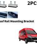 Heavy Duty Roof Rack Mounting Brackets For RVs And Campers Stainless Steel Clamps For Solar Panel Rack Motorhome And Caravan Roof Rail Drill Free Gutter Mounts 2 Pack Durable Mounting Hardware, image showing 2 stainless steel brackets and a red van.