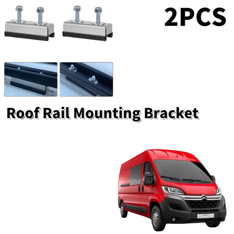 Heavy Duty Roof Rack Mounting Brackets For RVs And Campers Stainless Steel Clamps For Solar Panel Rack Motorhome And Caravan Roof Rail Drill Free Gutter Mounts 2 Pack Durable Mounting Hardware, image showing 2 stainless steel brackets and a red van.