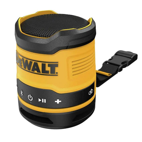 Rugged Jobsite Bluetooth Speaker With USB C Rechargeable Battery IP67 Dust And Water Resistant, carry strap and buckle visible