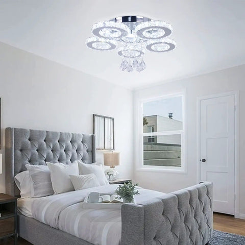 Five Ring Crystal LED Ceiling Light Chandelier For Dining Room Kitchen And Bedroom Cool White 4500K Non Dimmable Dope Modern Fixture With Stainless Steel Frame Built In 39W LED in a bedroom setting