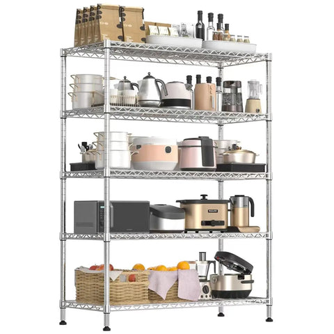 Heavy Duty 5 Tier Chrome Wire Shelving Rack Extra Tough Steel Storage Shelf Built Like A Tank Rust Resistant Pantry Organizer 48 Inch Wide 350 Pound Capacity Game Changer For Home Garages Workspaces