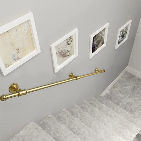 Heavy Duty Wrought Iron Wall Mount Grab Rail Kit For Indoor Outdoor Stair Safety Support Rustproof Banister Handle Built Damn Tough For Easy Home Accessibility And Rock Solid Grip mounted on a gray wall beside framed artwork.