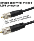 RG8X Coax Cable 50ft For Ham Radio And CB, Heavy Duty 16 AWG Copper Core, PL259 gold-plated connector close-up view