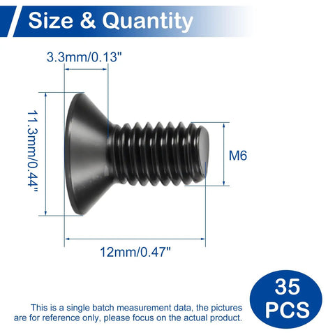 M6 X 12mm Phillips Countersunk Machine Screws 304 Stainless Steel Set 35 Pack Flat Head Hardware for Electronics and DIY Projects Durable Corrosion Resistant Easy Installation, black screw size diagram
