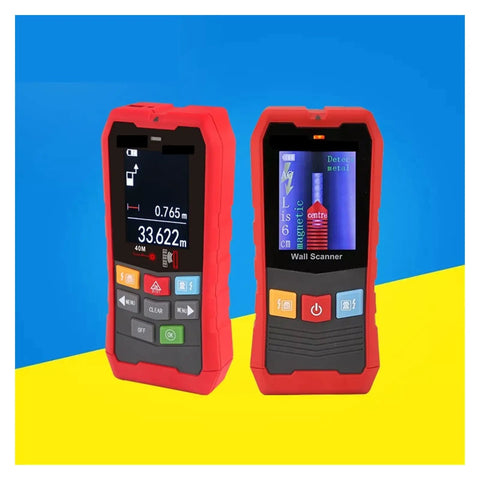 Heavy Duty Wall Scanner With Badass Precision Stud Finding Pipe And Cable Ac Wire Detection Waterproof Probe Adjustable Sensitivity No Guesswork, front and side view with colorful background.