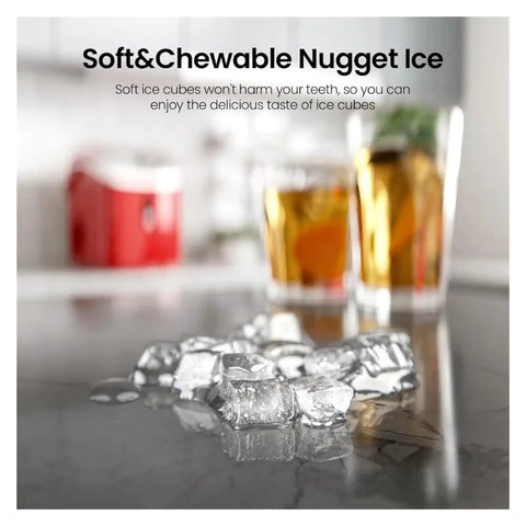 Grab And Go Countertop Pellet Ice Maker With Sturdy Handle And Single Knob Self Cleaning Delivers Thirty Five Pounds Of Fresh Nugget Ice In Under Fifteen Minutes For Easy Patio Parties And Weekend Chilling with nugget ice and drinks on a countertop.