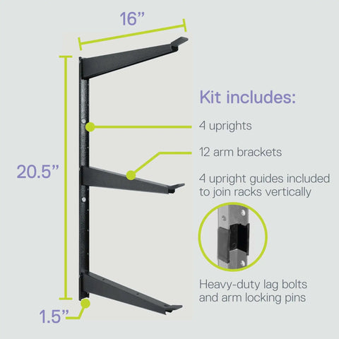 Heavy Duty Wood And Lumber Storage Rack Two Pack Holds Up To 960 Lbs Wall Mounted Steel Shelving side view with dimensions