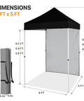 Image of 5x5 Pop Up Canopy Tent With Removable Side Wall, Easy Setup Portable Sun Shelter With Carry Bag, Your Go To Outdoor Shade For Beach, Camping, Sports And Backyard, Black, dimensions shown.