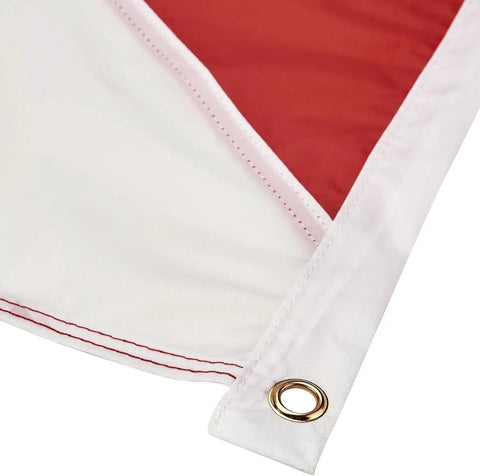 Close-up of Two Flag Duo Diver Down Flag Set 20x24 Inches With Golden Grommets, showing red and white nylon material and stitching detail
