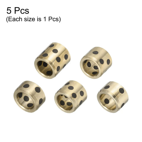 5 Pack Sleeve Bearings 13mm ID 19mm OD Wrapped Oilless Brass Graphite Bushings for industrial automation displayed.