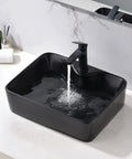 Matte Black 16 By 12 Inch Vessel Sink And Faucet Combo For Above Counter Vanity With Modern Square Rectangle Basin Porcelain Ceramic Durable Construction Includes Pop Up Drain with water flowing
