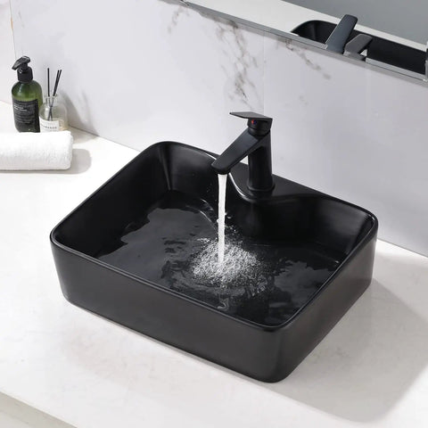 Matte Black 16 By 12 Inch Vessel Sink And Faucet Combo For Above Counter Vanity With Modern Square Rectangle Basin Porcelain Ceramic Durable Construction Includes Pop Up Drain with water flowing