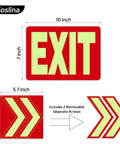 Glow In The Dark Emergency Exit Signs 2 Pack Photoluminescent Vinyl For 50 Feet Visibility No Wiring Needed Flexible Arrows System For Easy Setup Lets You Show Clear Safe Path In Any Hallway Or Stairwell., 10x7 inch exit sign with removable arrows