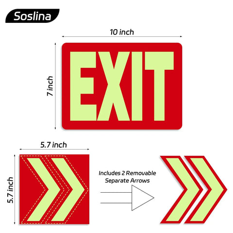 Glow In The Dark Emergency Exit Signs 2 Pack Photoluminescent Vinyl For 50 Feet Visibility No Wiring Needed Flexible Arrows System For Easy Setup Lets You Show Clear Safe Path In Any Hallway Or Stairwell., 10x7 inch exit sign with removable arrows
