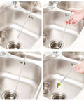 Demonstration of 6 Pack Hair Drain Clog Remover Tools Kit with plastic sticks and stainless steel cleaner in a kitchen sink