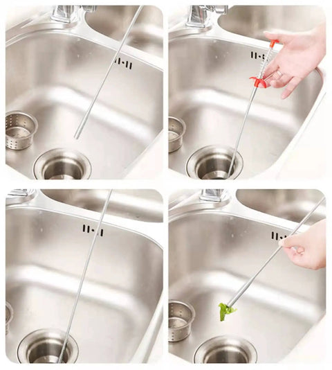 Demonstration of 6 Pack Hair Drain Clog Remover Tools Kit with plastic sticks and stainless steel cleaner in a kitchen sink