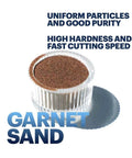 Garnet sand abrasive grains in a metal cup; brown, granular texture.