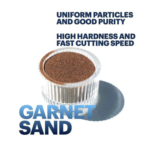 Garnet sand abrasive grains in a metal cup; brown, granular texture.