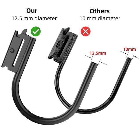 Comparison of E Track J Hooks showing 12.5mm diameter vs 10mm diameter for Trailer Heavy Duty use.