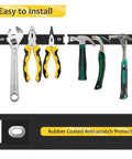 8 Inch Magnetic Tool Strips 4 Pack Rubber Coated Wall Mounted Tool Organizer For Garage And Shop Keeps Tools Neat And Ready To Grab Screwdrivers Wrenches Pliers Expandable Up To 32 Inches installed with tools visible
