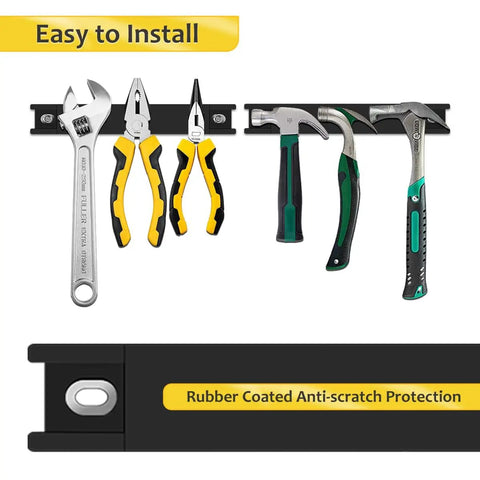 8 Inch Magnetic Tool Strips 4 Pack Rubber Coated Wall Mounted Tool Organizer For Garage And Shop Keeps Tools Neat And Ready To Grab Screwdrivers Wrenches Pliers Expandable Up To 32 Inches installed with tools visible