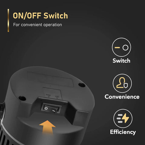 Close-up of Above Ground Pool Pump 1.5HP 115V with On Off Switch showing convenience features and efficiency icons.
