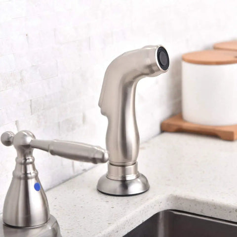 Brushed Nickel Kitchen Faucet With Side Sprayer And High Arc Two Handle Design For 3 Or 4 Hole Sinks Includes Water Supply Line