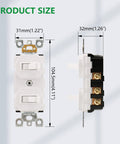 Double Toggle Light Switch 15 Amp 120 Volt Residential Grade Electrical Wall Switch For Home Office Kitchen White ETL Listed Three Way And Single Pole No Fuss Ready Easy Push In Wiring front and side view with size dimensions in millimeters and inches.