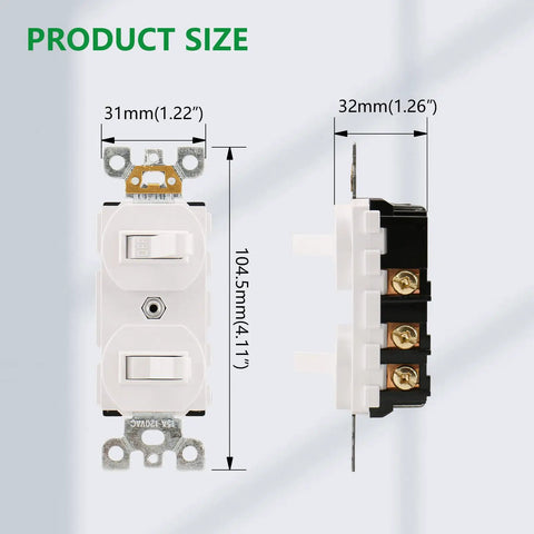 Double Toggle Light Switch 15 Amp 120 Volt Residential Grade Electrical Wall Switch For Home Office Kitchen White ETL Listed Three Way And Single Pole No Fuss Ready Easy Push In Wiring front and side view with size dimensions in millimeters and inches.